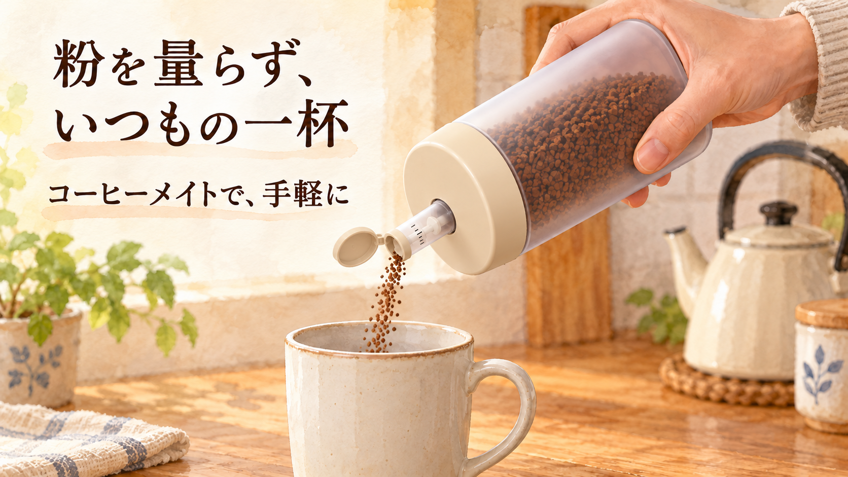 コーヒーメイトの細い口先からカップへインスタントコーヒーの粉を出す場面