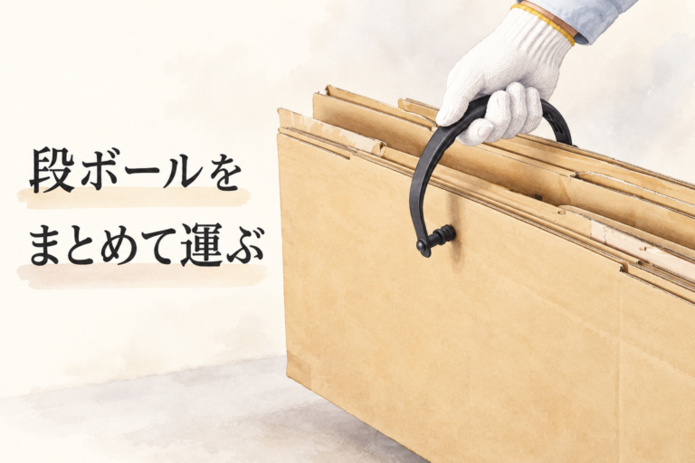 安全手袋を着け、黒いグリップで段ボールを持ち運ぶ。段ボールを、まとめて運ぶ