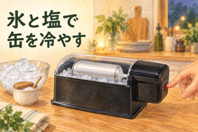氷と塩で、缶を冷やす。KINKIN COLDへ水平な缶をセットしたイラスト