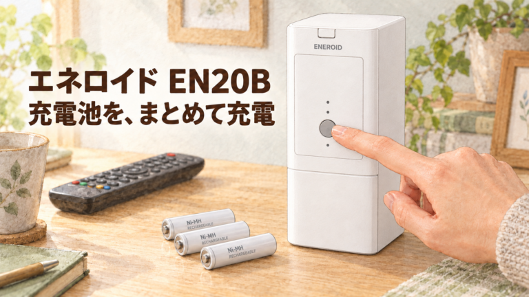 角を丸めた箱形のエネロイドEN20B。単3形充電池をまとめて充電する開始ボタンを押す手元
