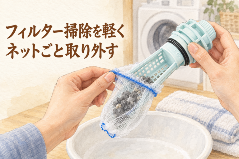 フィルター掃除を軽く、ネットごと取り外す。使い切りネットを外す説明図