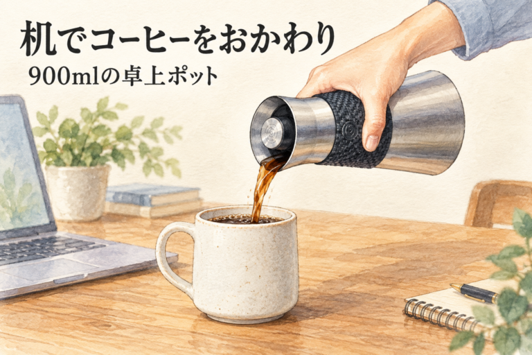 机でコーヒーをおかわり。900mlの卓上ポットを黒いグリップで持ってカップへ注ぐ説明図