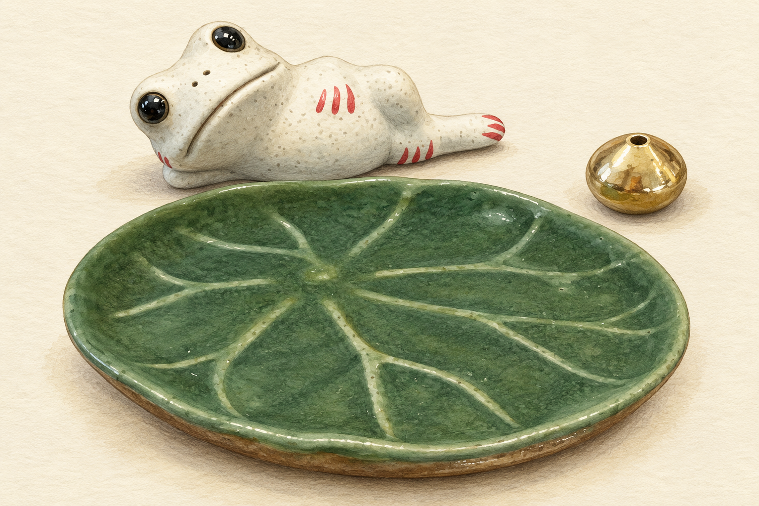 濃い緑の葉皿と白いカエル