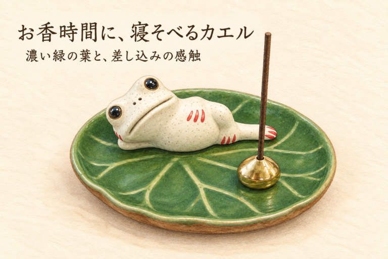 葉皿に寝そべるカエルとお香の準備