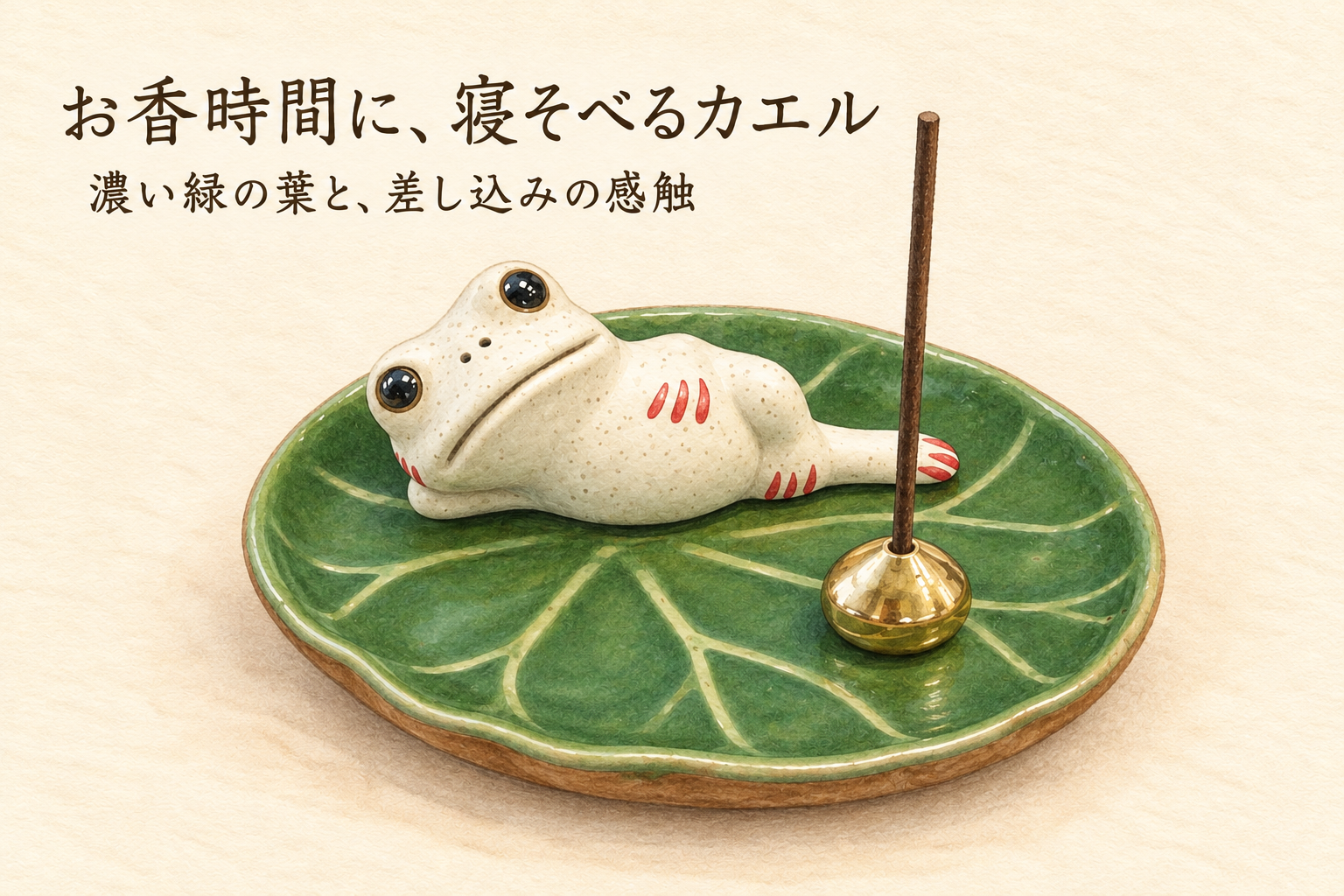 葉皿に寝そべるカエルとお香の準備