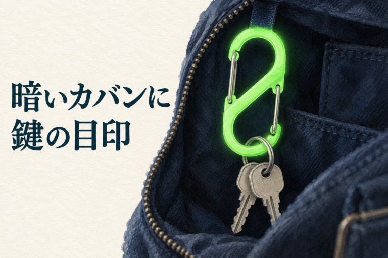 暗いカバンで鍵の目印になる緑色の蓄光カラビナ
