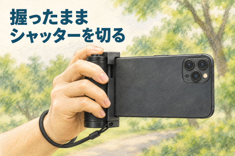 握ったまま、シャッターを切る。黒いShutterGrip2を付けたスマホの撮影イラスト