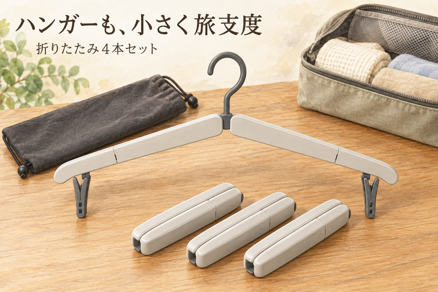 旅支度のそばに並べた折りたたみハンガー