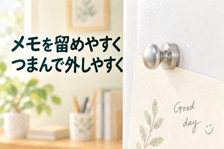 メモを留め、指でつまんで外せる銀色のマグネットピン