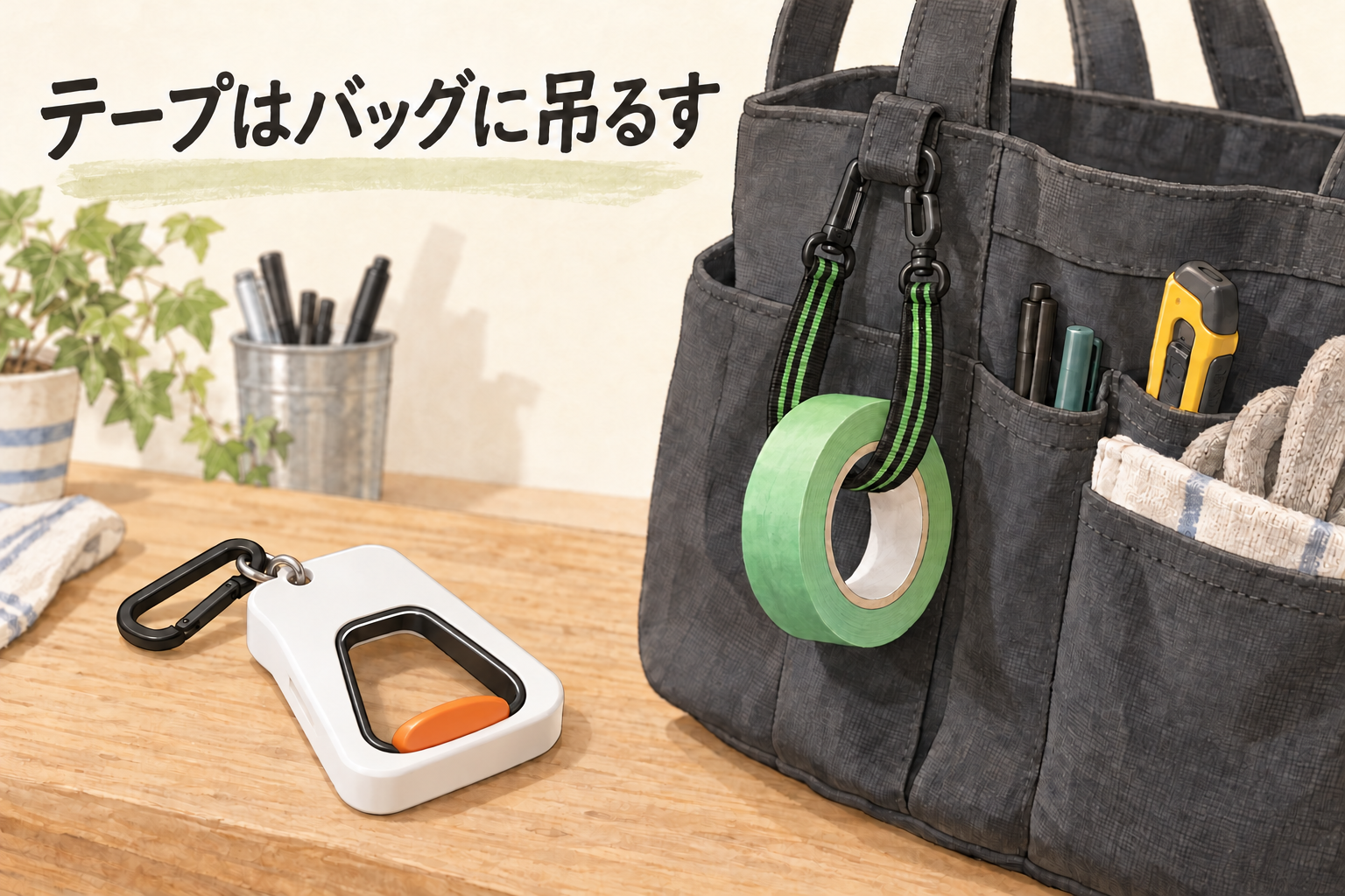 バッグに吊るした養生テープと白い結束バンドホルダー。テープはバッグに吊るす