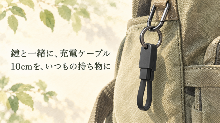短い黒いUSB-Cケーブルを追加カラビナでバッグへ掛けた場面