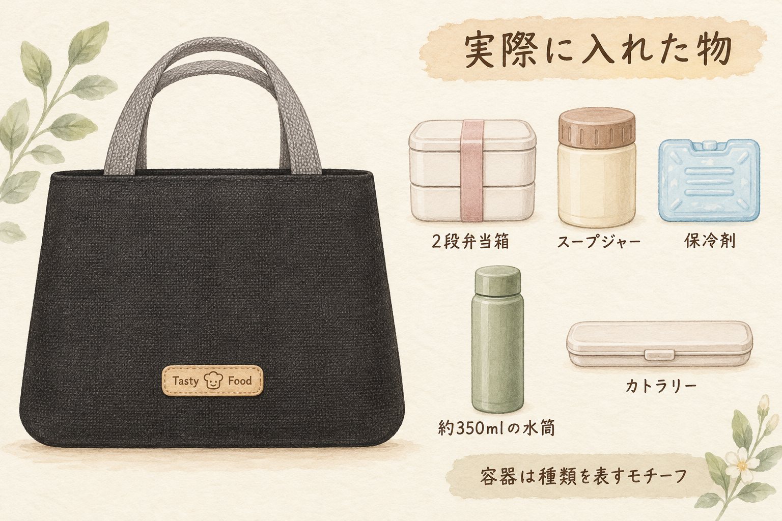 実際に入れた弁当箱と飲み物などの種類