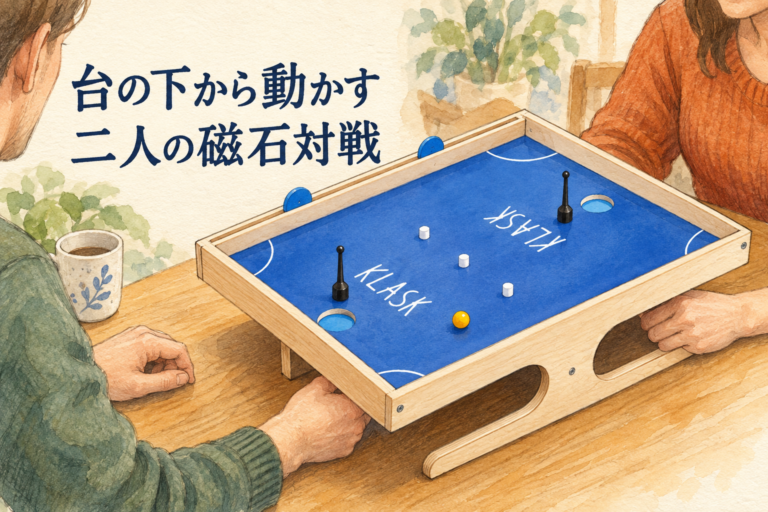 台の下から動かす、二人の磁石対戦。2人用KLASKの盤の下で操作する二人