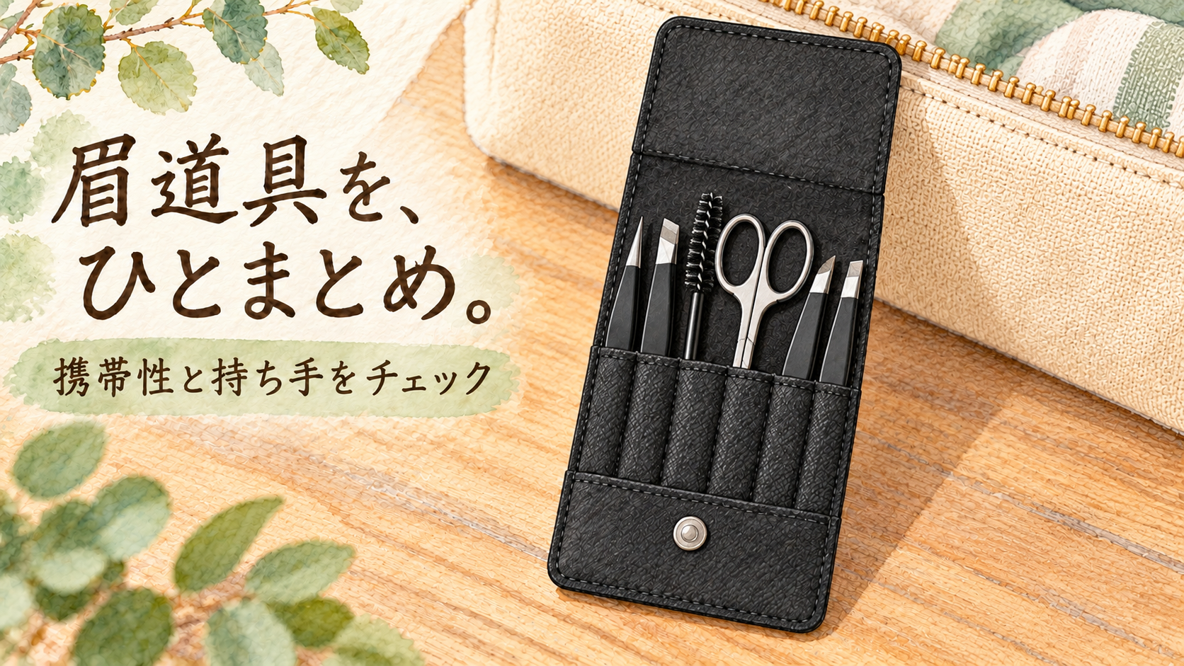 ケースにまとめた眉道具を携帯する準備
