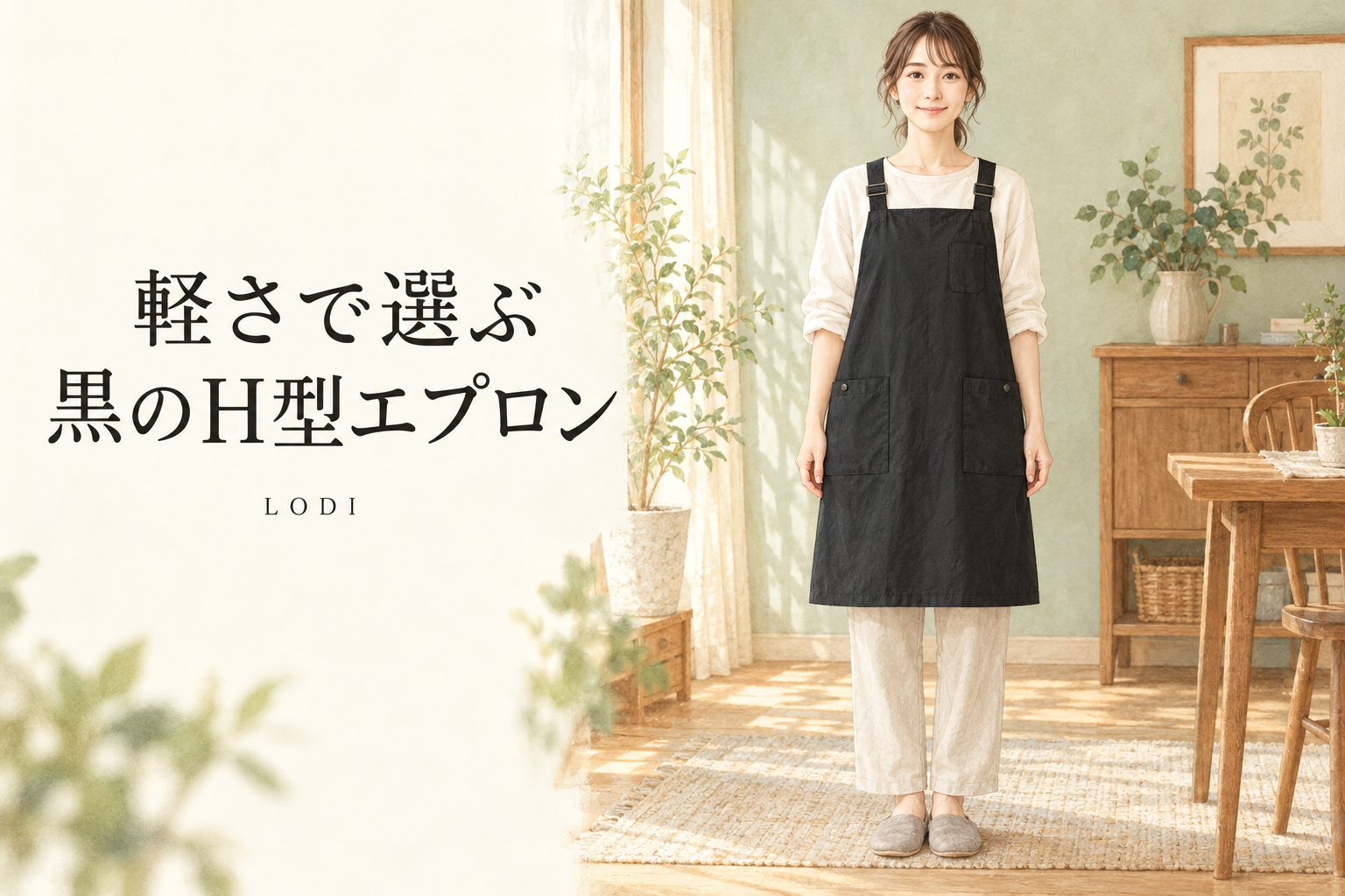 黒いH型エプロンを室内で着用する姿