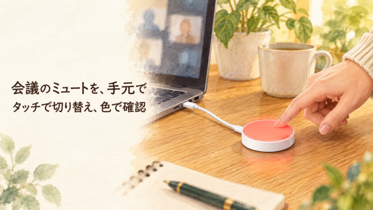 パソコンにつないだLuxaforの赤いタッチ面に指を添えた机上の様子