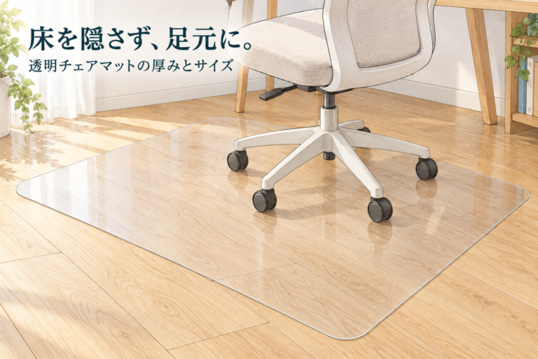 床の木目を透かす透明マットの上にキャスター椅子を置く