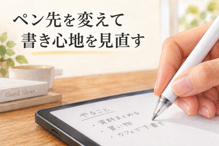 メタルペン先を付けたApple Pencilでメモを書く。ペン先を変えて、書き心地を見直す