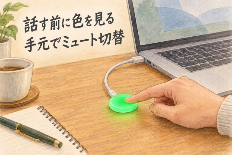 話す前に色を見る。手元でミュート切替。初代Luxaforの上面へ指を添える場面