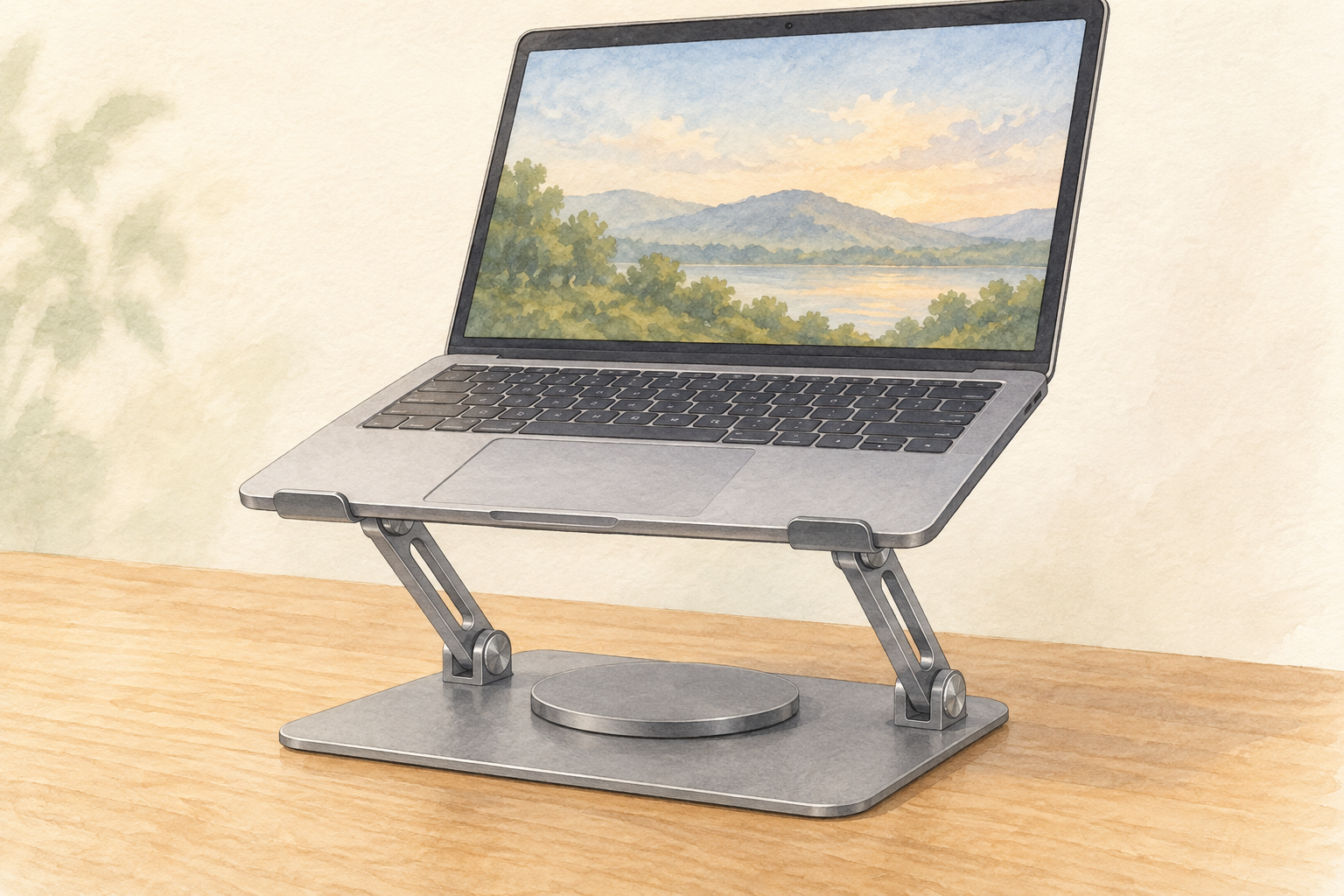 ノートPCを支えるスタンドと回転台座