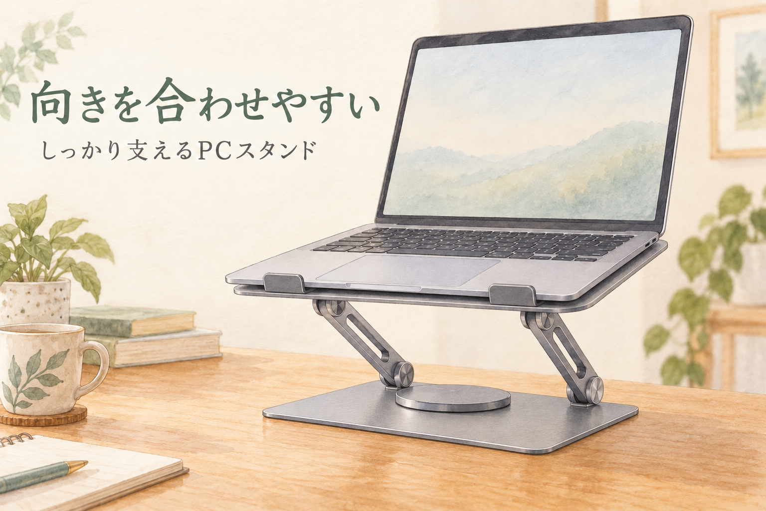 ノートPCを載せたグレーの回転スタンド。向きを合わせやすい、しっかり支えるPCスタンド