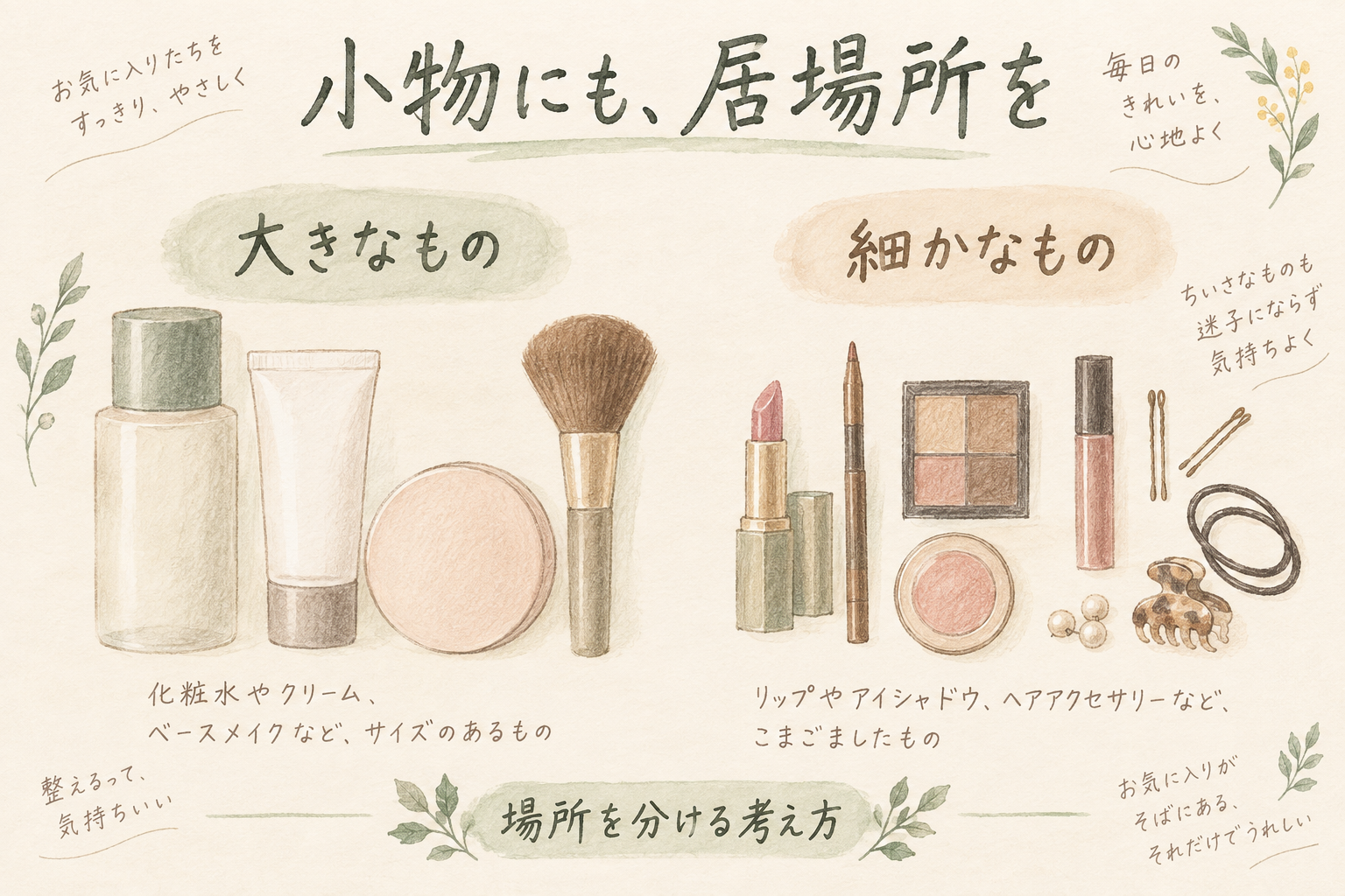 大きな用品と細かな小物の場所を分ける考え方