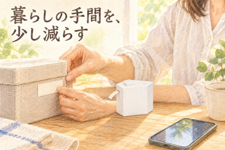 暮らしの手間を、少し減らす。白のテプラLite LR30で収納ラベルを用意する説明図