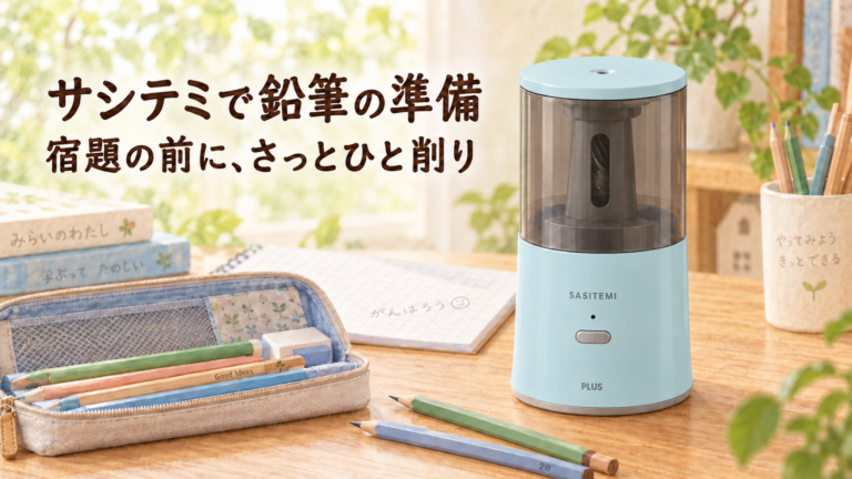 宿題用のノートと筆箱のそばに置いた淡いブルーのサシテミ