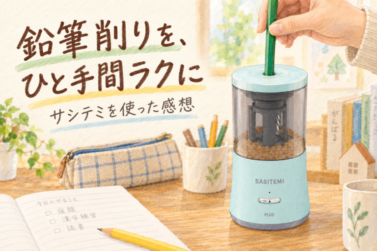 鉛筆削りを、ひと手間ラクに。サシテミを使った感想。宿題の準備で鉛筆を差す場面
