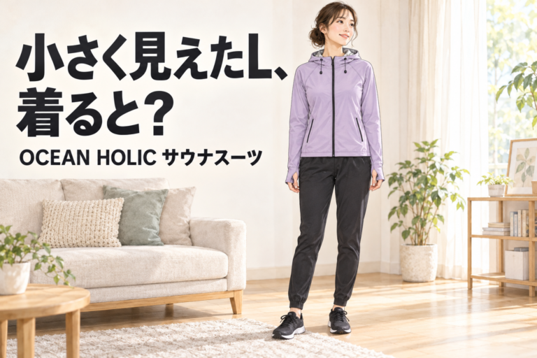 パープルの上着と黒いパンツを室内で着用する姿