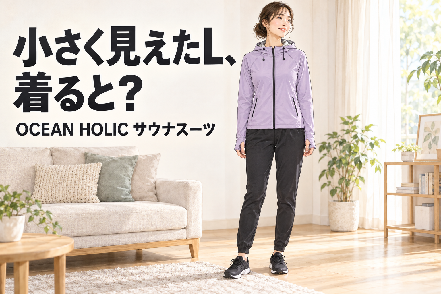 パープルの上着と黒いパンツを室内で着用する姿