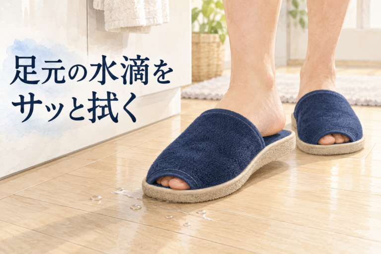 洗面所で足元の水滴を拭く。足元の水滴を、サッと拭く