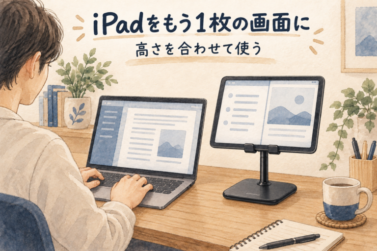 iPadをもう1枚の画面に、高さを合わせて使う。パソコンの横に黒い高さ調整スタンドでiPadを置く