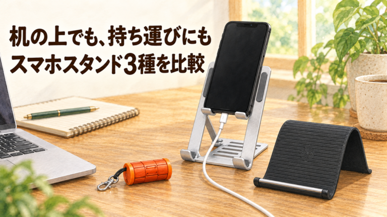 机上でスマホを立てて充電し、3種類の形を比較