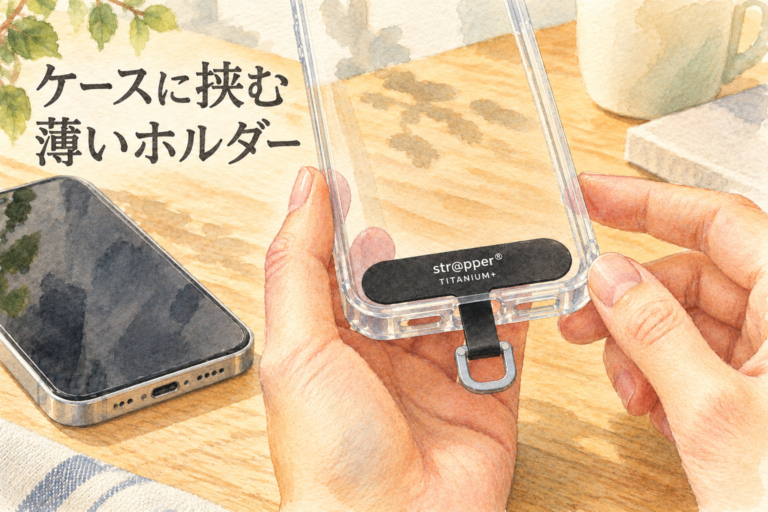 透明ケースに黒いストラッパーチタニウムを挟む取付イメージ