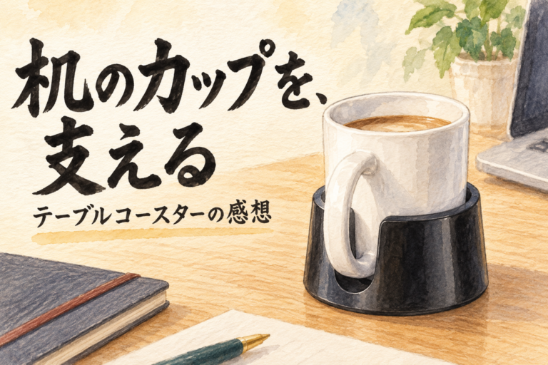 机のカップを、支える。テーブルコースターの感想。黒ホルダーに置いた白いマグカップ