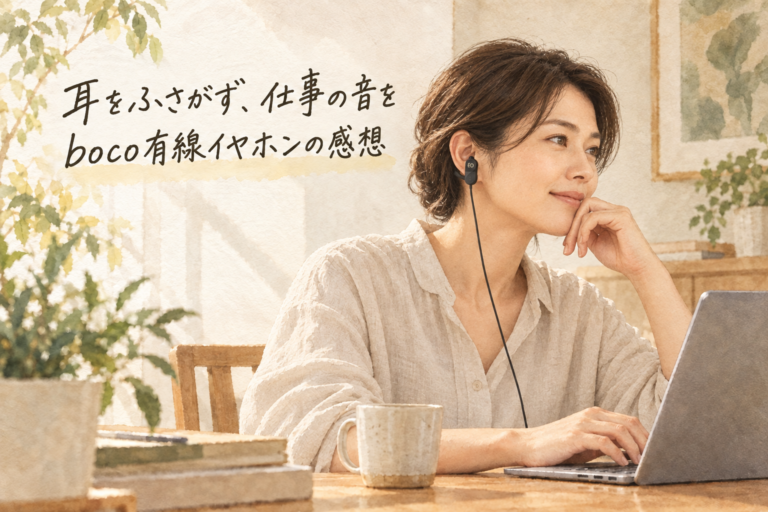 耳をふさがず、仕事の音を。boco有線イヤホンの感想。黒いクリップ型を装着して机で作業する説明図