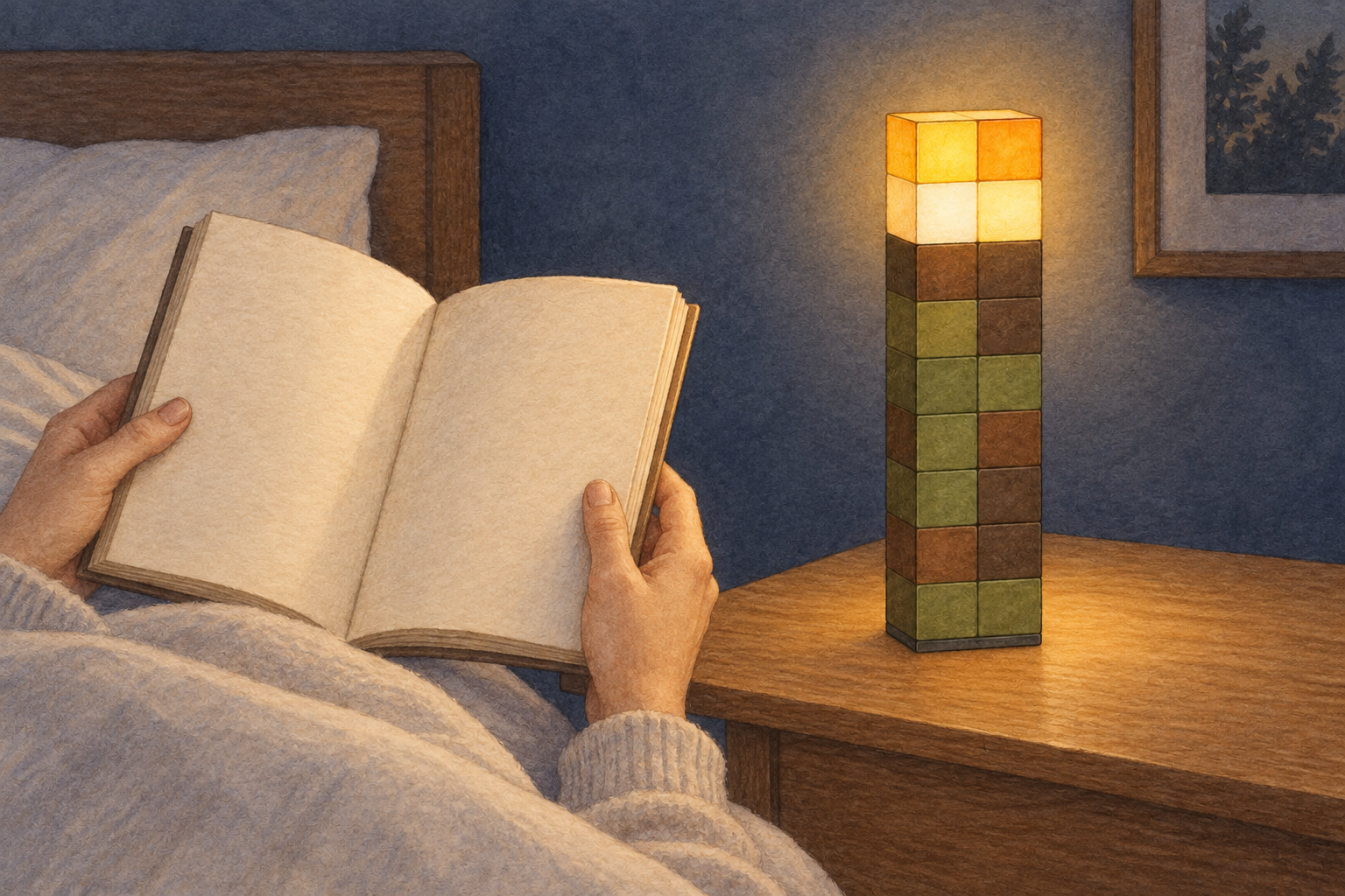 本を読む手元と卓上のライト