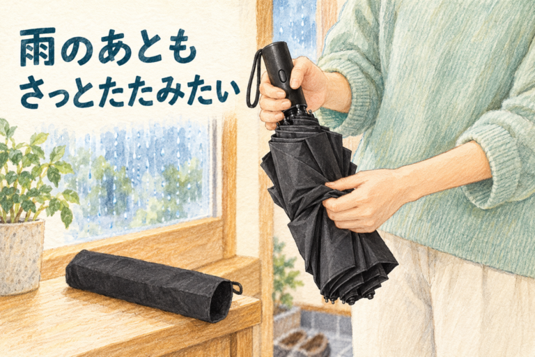 雨のあとも、さっとたたみたい。閉じた黒い傘の生地をまとめるイラスト