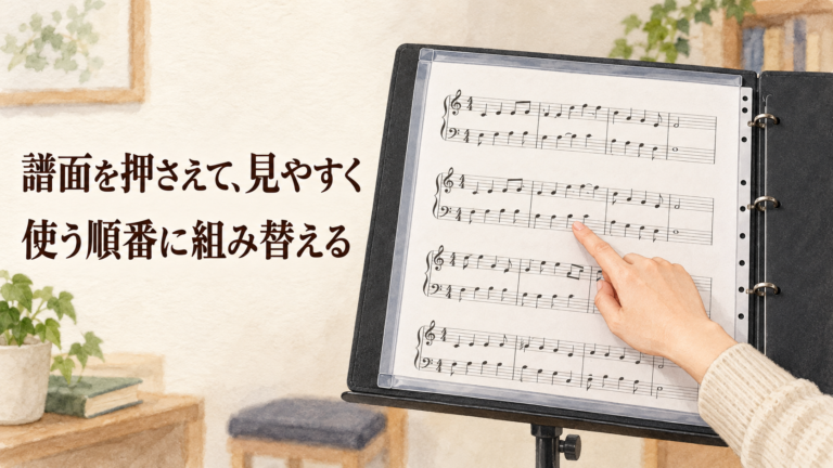 譜面台に置いたファイルの楽譜を確認